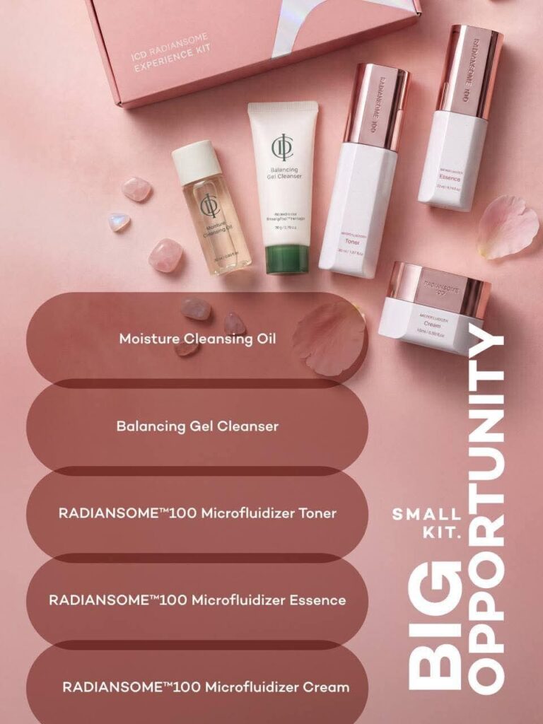 RIMAN Radiansome 100 Experience Kit with five travel-friendly cleansing and skincare products.